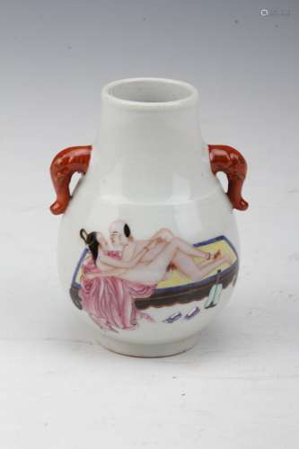 [CHINESE]QING DANASTY STYLED WHITE GLAZED DOUBLE EAR VASE PAINTED WITH EROTIC DRAWING L:3.1