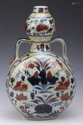 [CHINESE]DA MING XUAN DE ER NIAN MARKED BLUE AND WHITE WITH IRON RED GLAZED VASE PAINTED WITH BIRDS AND LOTUS W:8.6