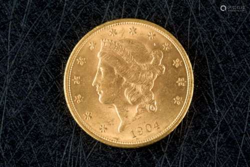 Moneda de 20 dólares USA de oro,1904. Peso: 33,60