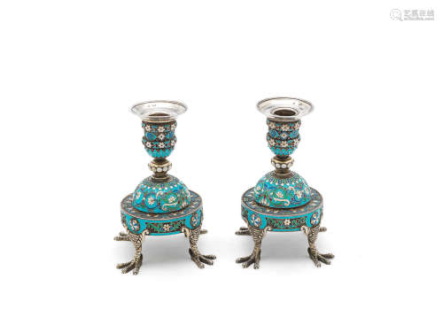 maker's mark 'ЯA', pre-1898 St Petersburg marks  A pair of Russian enamelled silver candlesticks