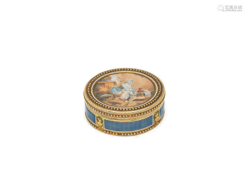 probably Hanau circa 1790, maker's mark possibly incuse 'FF' crowned and two further incuse marks, the bezel with incuse horse mark and 19th century Dutch import mark  A late 18th century gold and enamel box