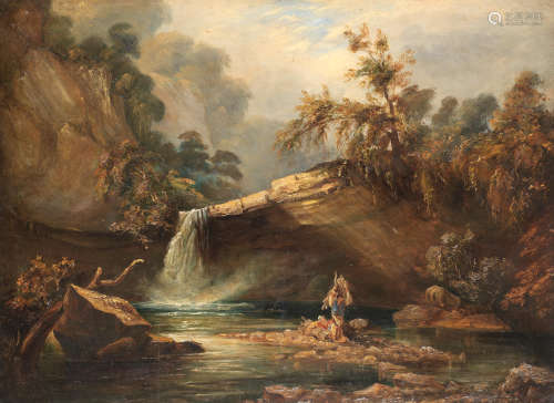 Figures before Sgwd Gwladys waterfall, on the River Pyrddin, Wales Circle of Philip James de Loutherbourg R.A.(Basel 1740-1812 Chiswick)
