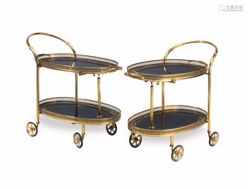 Italian or French A pair of mid 20th century gilt brass and faux blue marble laminate decorated cocktail trolleys