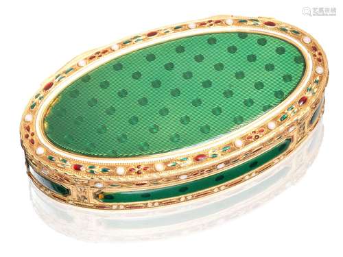 marked with crowned 'J' and 'T' in separate punches together with crossed laurel, possibly by Andre Jordan & François Theremin, Berlin circa 1790, incuse numbered '556'  A late 18th century German gold and enamelled snuff box