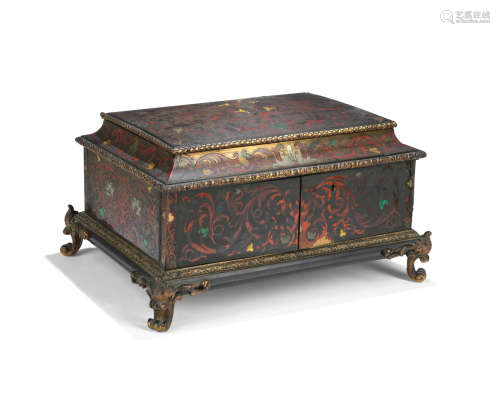 A third quarter 19th century French gilt bronze mounted ebonised, cut brass, green stained ivory and scarlet tortoiseshell inlaid 'boulle' table casket