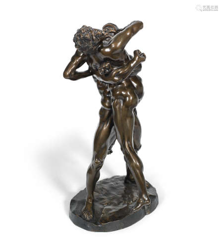 A late 19th French patinated bronze figural group of Hercules and Antaeus