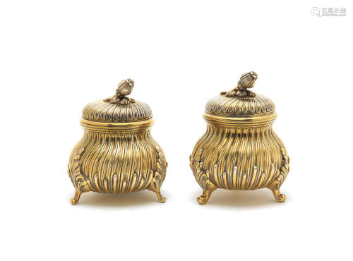 by Mergulhao, Lisbon, post 1938 mark  (2) A pair of Portuguese silver-gilt covered pots