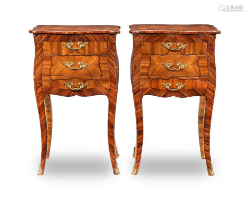 possibly 18th century A pair of French kingwood and tulipwood bombe serpentine petites commodes