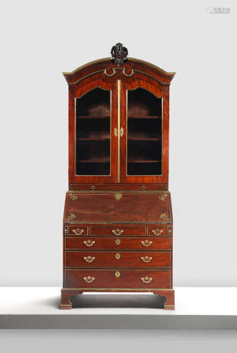 A George II brass mounted and engraved brass-inlaid mahogany bureau bookcase attributed to the circle of John Channon (1711-83)