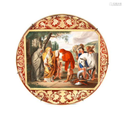 A late 19th century Vienna style porcelain circular plaque enamelled with a scene after Peter Paul Rubens (Flemish, 1577-1640) depicting 'The Consecration Of Decius Mus'