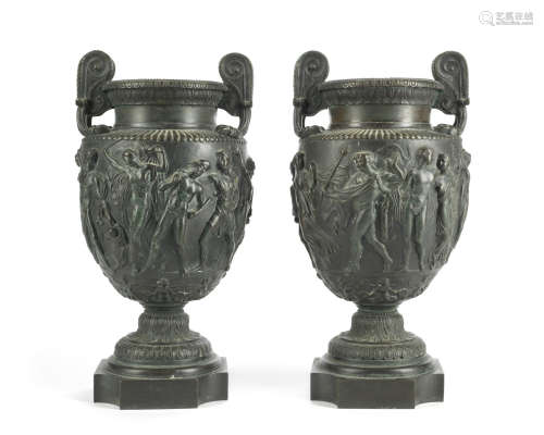 in the Neo-Grec style A pair of late 19th century French patinated bronze garniture urns