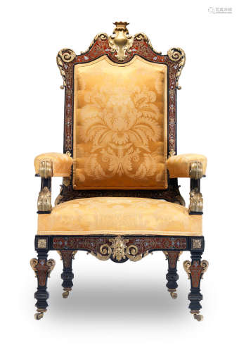A French mid 19th century gilt bronze mounted tortoiseshell, brass and pewter 'Boulle' marquetry ebonised grand fauteuil