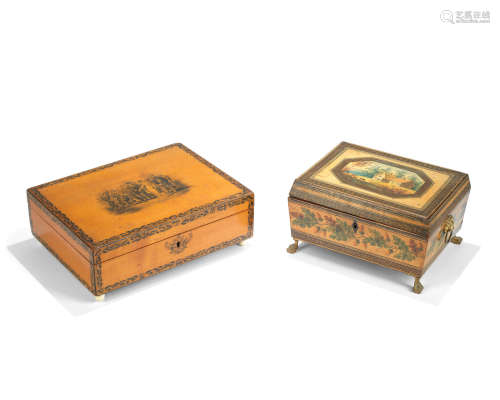 An early 19th century Tunbridgeware painted workbox together with a similar period transfer printed workbox