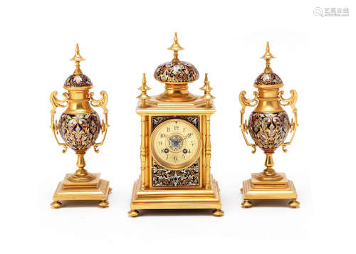 the dial signed James Ramsay, Dundee, the movement stamped Vincenti & Cie A late 19th century French gilt bronze and champleve enamel clock garniture