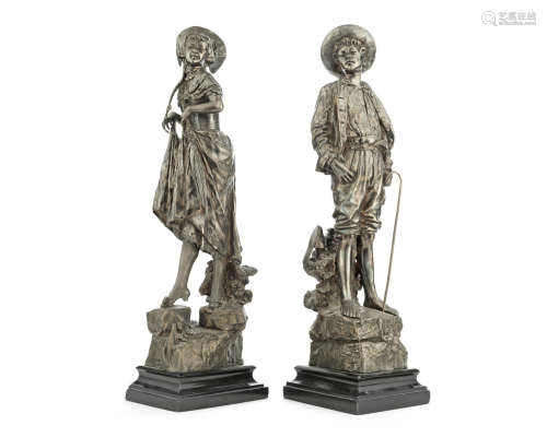cast by the Berndorf foundry A pair of late 19th / early 20th century Austrian silvered bronze figures of a peasant boy and a girl