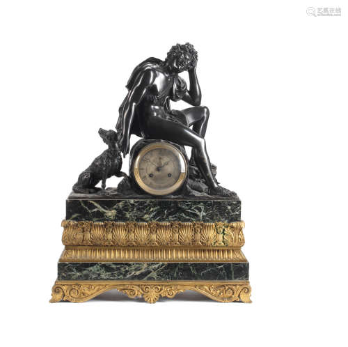 the movement stamped Pons A first half 19th century French gilt and patinated bronze and Verde Antico figural mantel clock