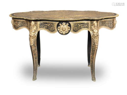 A Napoleon III gilt brass mounted tortoiseshell and brass 'Boulle' marquetry ebonised centre table