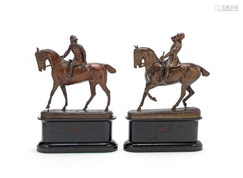 posisbly cast by Elkington & Co. After John Willis Good (British 1845-1879): A pair of late 19th century bronze equestrian models of huntsman
