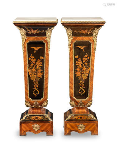 A pair of Napoleon III gilt bronze mounted tulipwood, ebonised, stained sycamore and marquetry pedestals