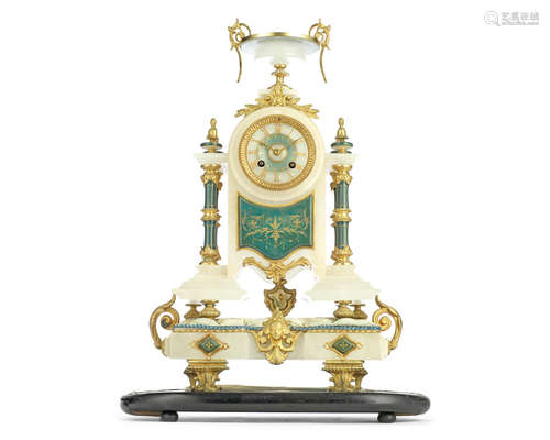 A late 19th century French gilt metal mounted faux turquoise and alabaster mantel clock