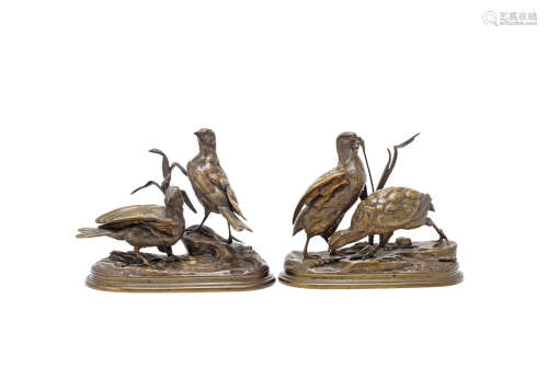 Jules Moigniez (French, 1835-1894): A pair of patinated bronze models of a pair of partridges and another pair of birds