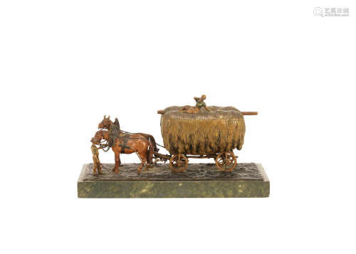 Franz Xaver Bergman (Austrian, 1861-1936): An early 20th century cold painted bronze trinket casket modelled as a hay waggon and horses