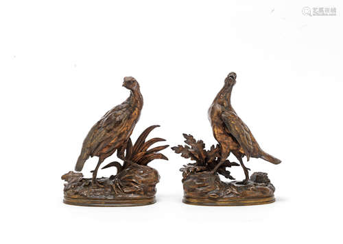 Jules Moigniez (French, 1835-1894): A pair of patinated  bronze models of partridges