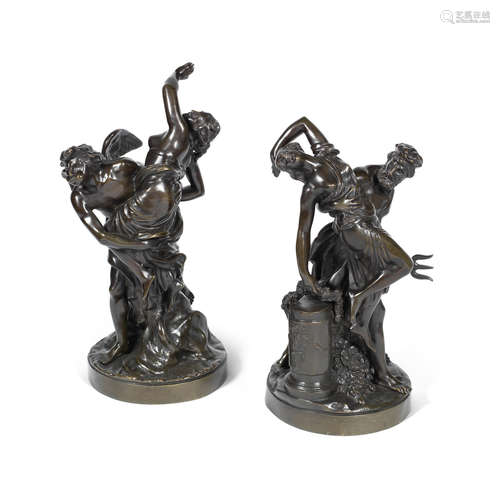 After Gaspard Marsy (French, 1625-1681): A patinated bronze figural group of the Boreas abducting Orithyia together with a near companion patinated bronze figural group