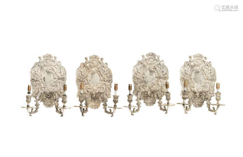 in the 17th century style A set of four electroplated twin light wall appliques