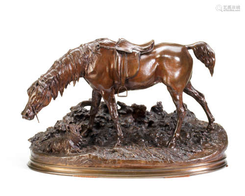 Pierre-Jules Mene (French, 1810-1871): A patinated bronze equestrian model of 'Grand Jument De Chasse Avec Petit Chien Griffon'