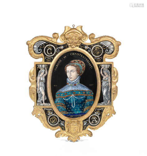 bearing initials L.L. for Leonard Limousin (c.1505-1577) A 19th century French giltwood framed Limoges enamel  portrait plaque depicting Madame de Chateaubriant