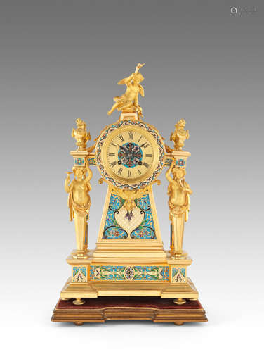 retailed by J. Mayer, the movement by Japy Freres and numbered 15639 2 A good late 19th Century French gilt bronze and champleve enamel mantel clock