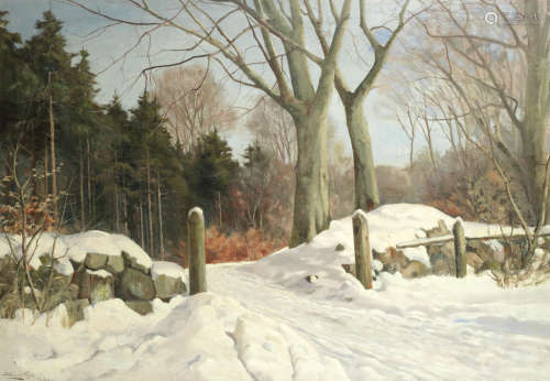 A snowy wooded landscape, Rudeskov, Denmark  Harald Julius Niels Pryn(Danish, 1891-1968)