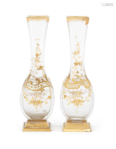 possibly by Baccarat A pair of early 20th century moulded and cut gilded clear glass vases