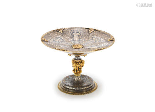 in the Renaissance style A 19th century Continental gilt and niello silvered metal miniature tazza