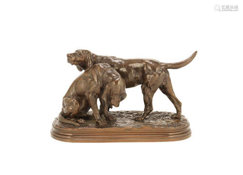 Isidore Jules Bonheur (French, 1827-1901): A patinated bronze model of two bloodhounds cast by the Peyrol foundry