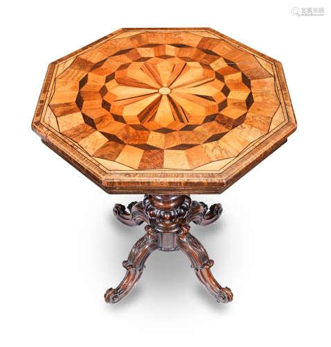A mid Victorian specimen wood and carved walnut occasional table
