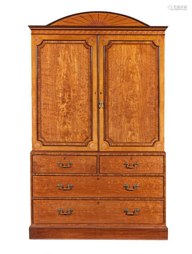 A large George III satinwood, tulipwood crossbanded and purplewood inlaid linen press