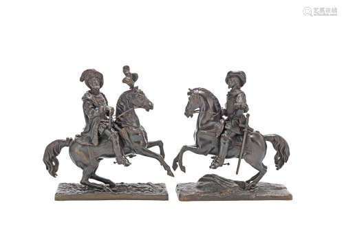 After A. Von Stranz (French, 1851-1927): A matched pair of late 19th century patinated bronze eqestrian models of Charles V and Phillip II