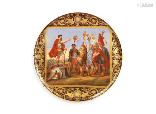 An late 19th Vienna style porcelain circular plaque enamelled with a scene after Peter Paul Rubens (Flemish, 1577-1640) depicting 'Decius Mus Relating His Dreams'