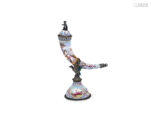 by Herman Böhm, Vienna circa 1880  An Austrian silver and enamel covered horn