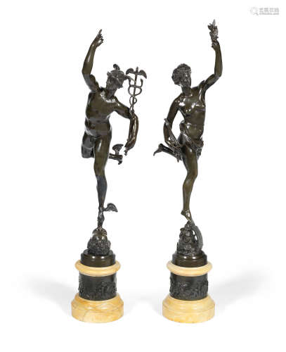 After Giambologna (Italian, 1529-1608): A pair of patinated bronze and Sienna style yellow marble figures of Mercury and Fortuna