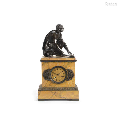 the movement stamped Pons  A mid 19th century French patinated bronze and Sienna marble figural clock