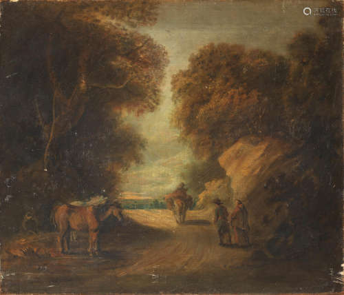 Travellers on a country path; and A figure on horseback crossing a stream with a dog, a pair (2) Circle of Thomas Barker of Bath(Pontypool 1769-1847 Bath)