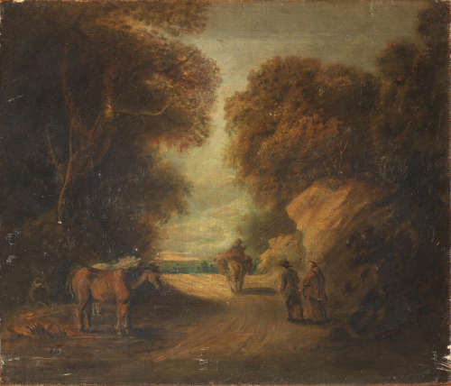 Travellers on a country path; and A figure on horseback crossing a stream with a dog, a pair (2) Circle of Thomas Barker of Bath(Pontypool 1769-1847 Bath)