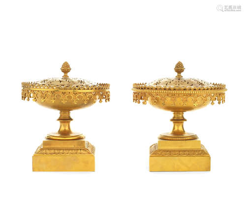 in the 19th century style A pair of matched gilt bronze French garniture tazza / perfume burners and covers in the 19th century style (2)