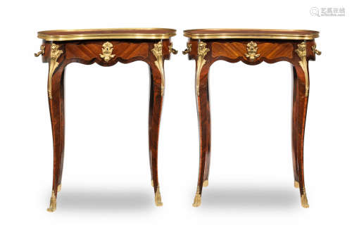 A pair of French late 19th/early 20th century gilt bronze mounted rosewood and tulipwood tables ambulantes