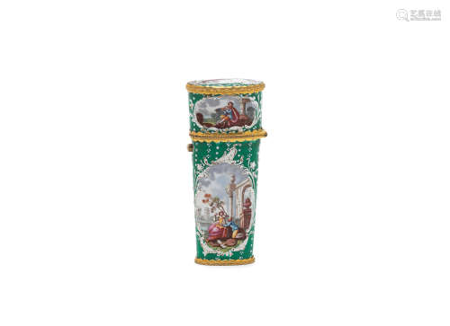 the etui in the late 18th century style, the implements with mid-19th century French marks  An enamel etui with French gold implements
