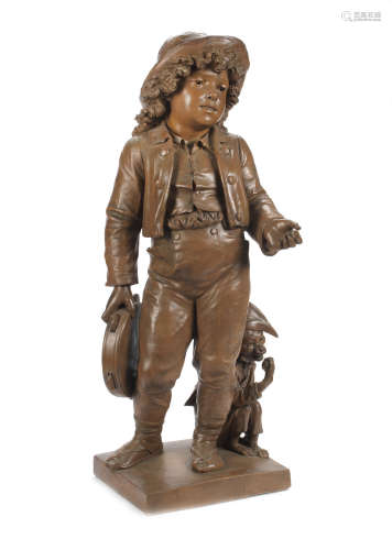 probably Austrian A late 19th / early 20th century Continental painted terracotta figural group of a young urchin boy and his monkey