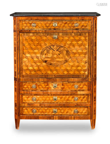 A Louis XV/XVI Transitional walnut, ebonised, sycamore, mahogany, marquetry and parquetry secretaire a abbatant